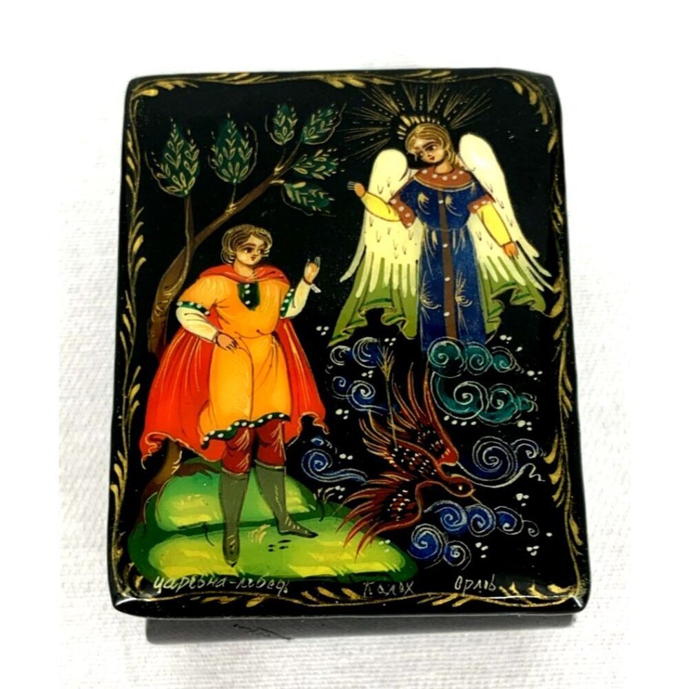 Russian Hand Painted Lacquer Trinket Box Angel Knight Small 2 x 1.5 x 1" Vtg